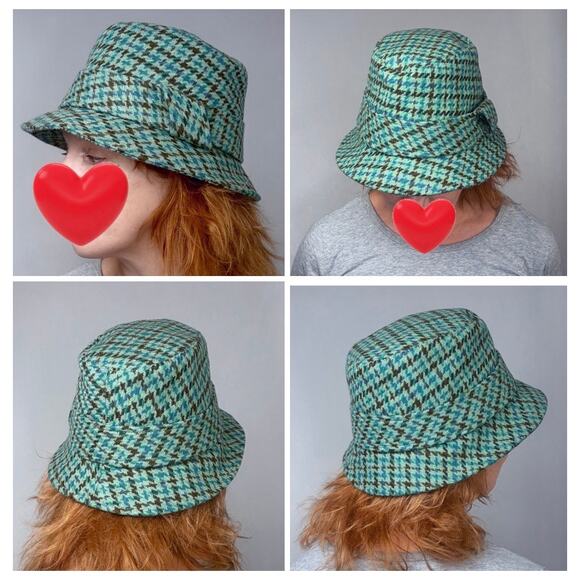 Vintage Banana Republic Teal Wool Blend Houndstooth Plaid Bucket Hat Sz Small - Picture 3 of 7
